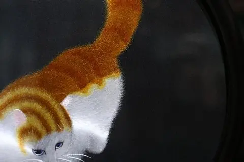 苏绣经典｜异色绣猫戏螳螂。苏绣双面异色绣台屏 曾多次作为国礼馈赠给外国...