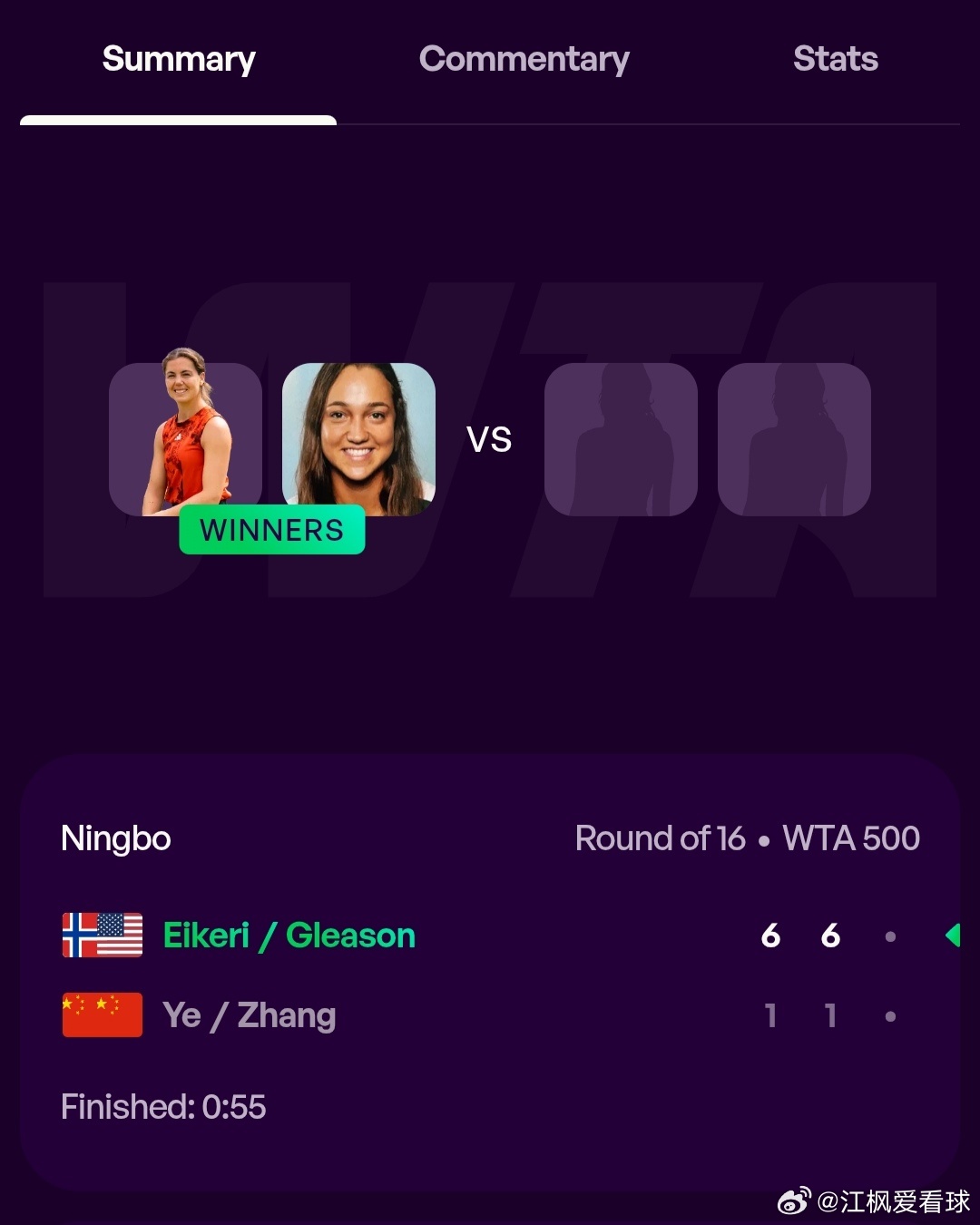 WTA500宁波站🇨🇳女双首轮替补参赛的叶秋语🇨🇳/张莹🇨🇳1-6/
