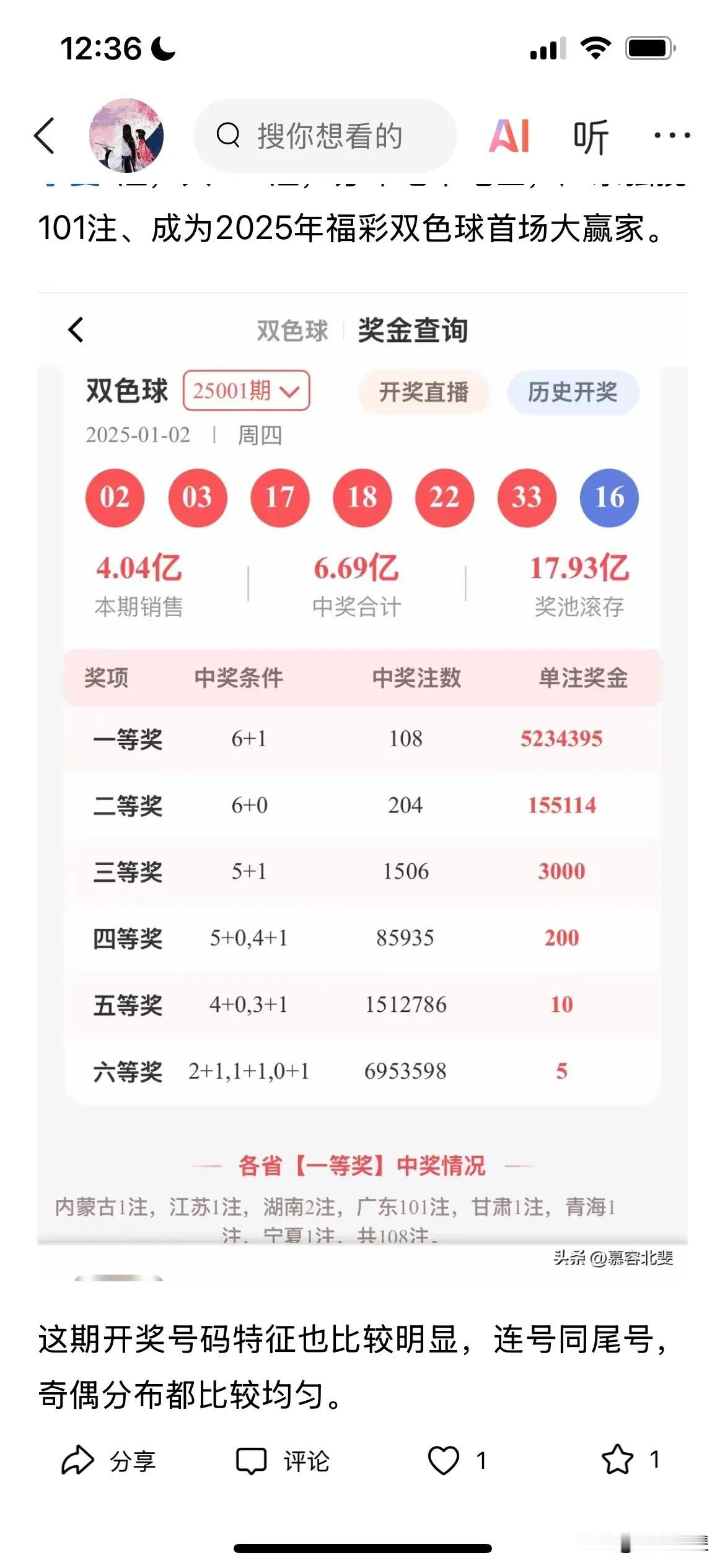 2025 年福彩双色球第 25001 期于 1 月 2 日开奖，一等奖井喷 10