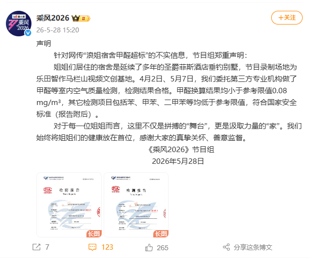 #浪姐宿舍甲醛检测结果合格# #浪姐节目组称将姐姐们的健康放首位# 5月28日，