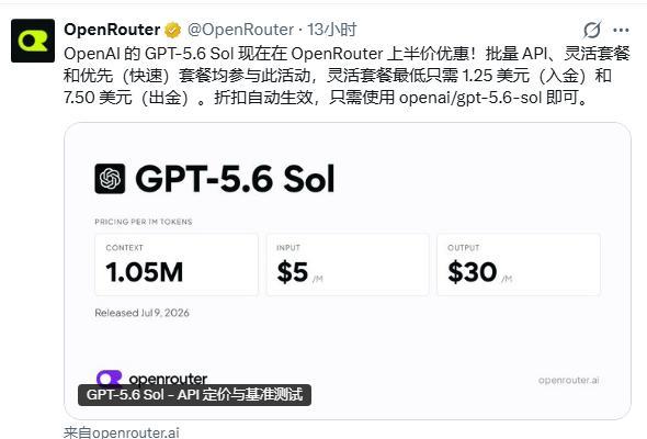 OpenRouter宣布GPT-5.6Sol调用费用减半
 全球AI模型聚合平台