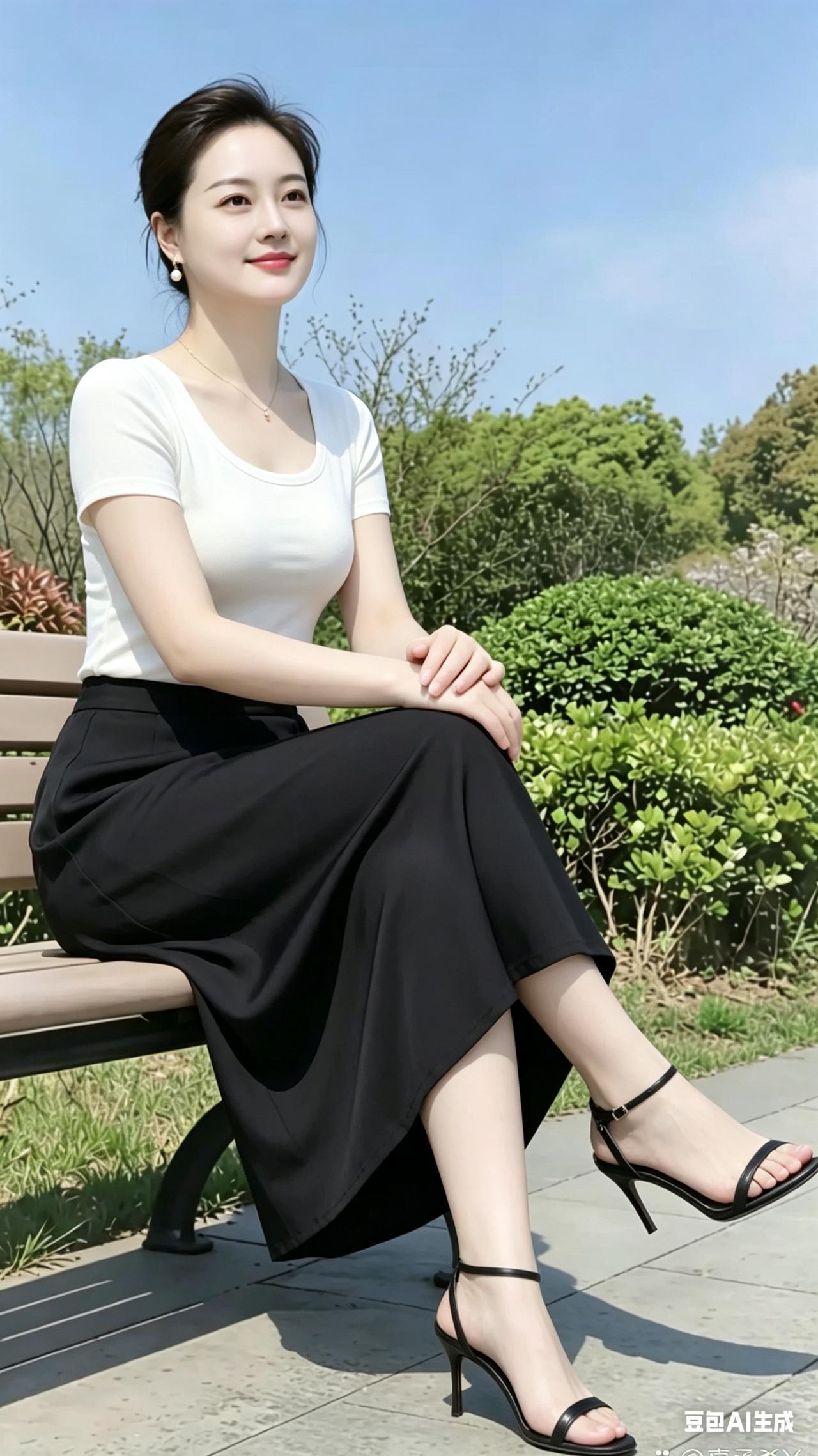 阳光明媚的日子，她在公园长椅上坐着，阳光给她的发丝镀上金色。他路过，被她的宁静美