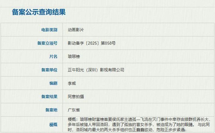 【正午阳光备案琅琊榜动画】动画琅琊榜主角是飞流据国家电影局关于2025年6月上全