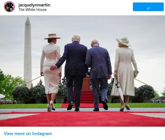 看来特朗普对她爱不释手，因为X上分享的另一段视频显示，在两人迎接皇室成员时，总统