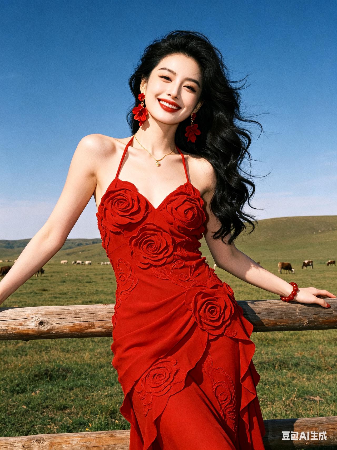 冷白肌肤女子法式长卷发迎风飞扬，红吊带长裙肌理精致，红金配饰亮眼，撑栏杆爽朗浅笑