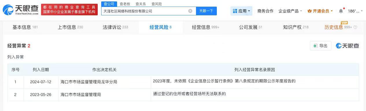 【天涯社区累计被执行超千万 天涯社区连续两年被列入经营异常】天涯神帖
6月1日，