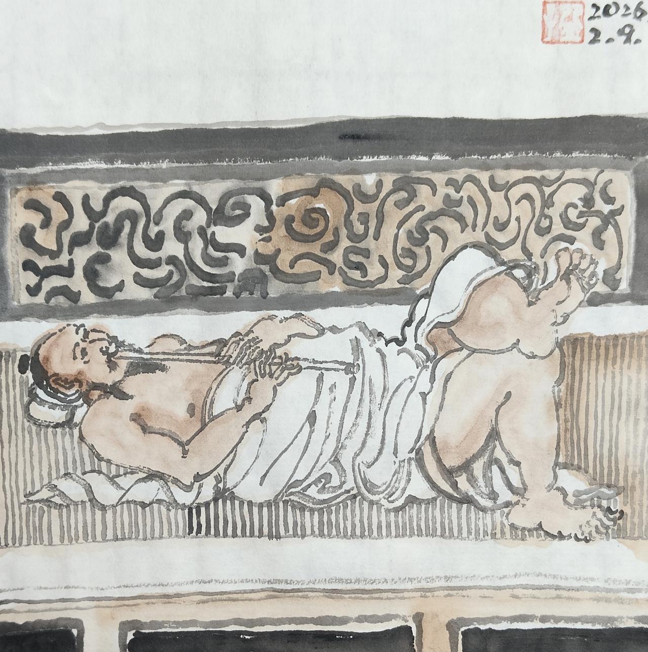 碗子的纸片水墨《还是古人会玩儿之六～坦卧吹箫》