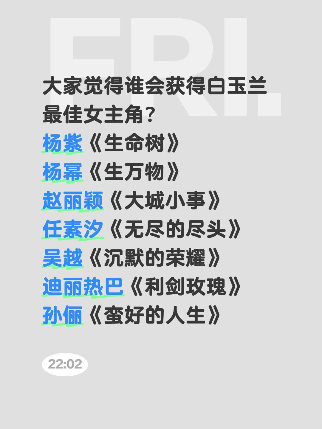 大家觉得谁会获得白玉兰最佳女主角？
杨紫《生命树》
杨幂《生万物》
赵丽颖《大城
