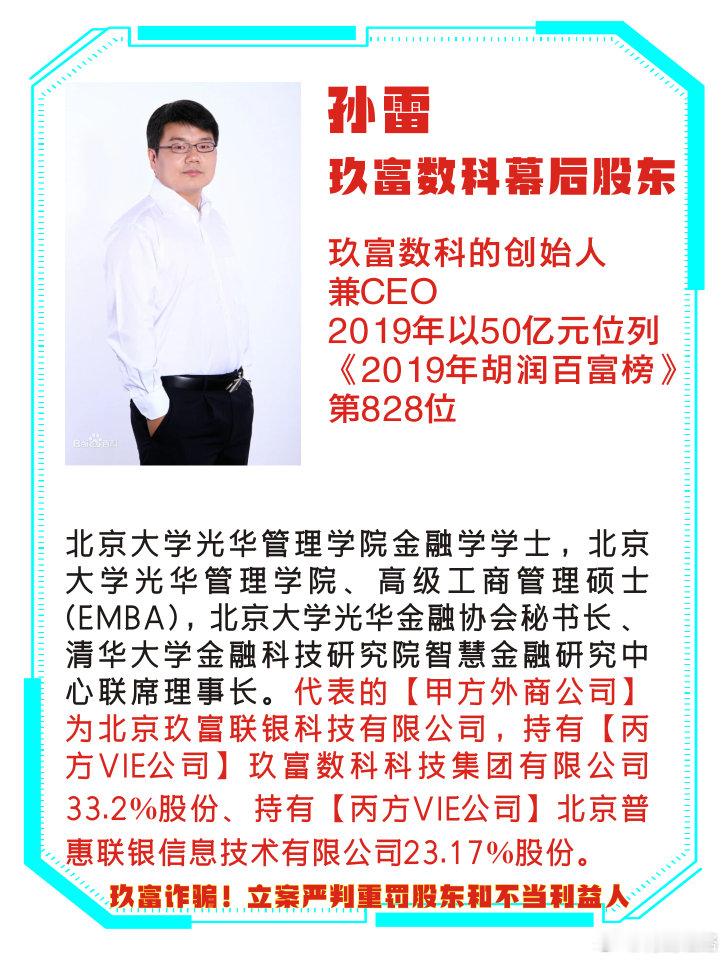 玖富的创始人兼CEO孙雷是关键人物，1999年以新疆高考第二名的成绩考上北大光华