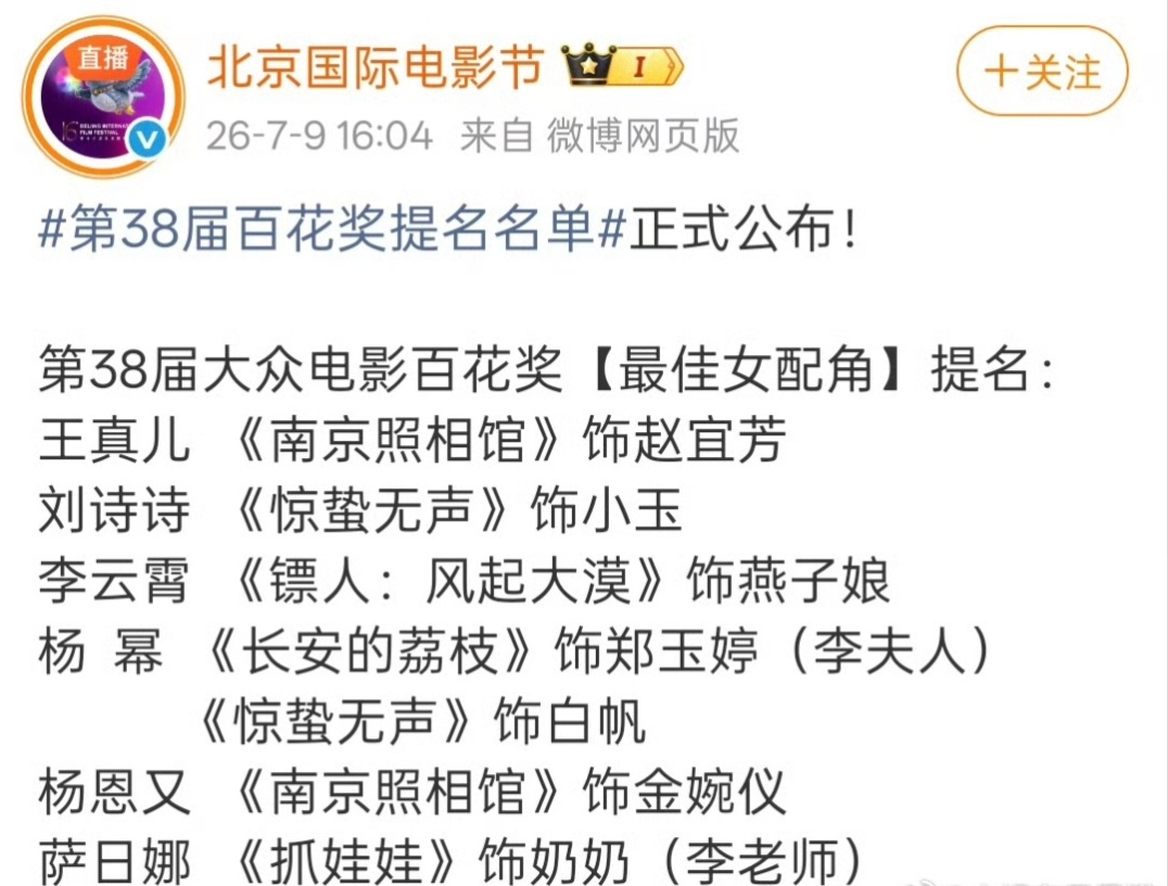 刘诗诗拿下百花奖最佳女配提名小玉值得一切奖项祝好运 