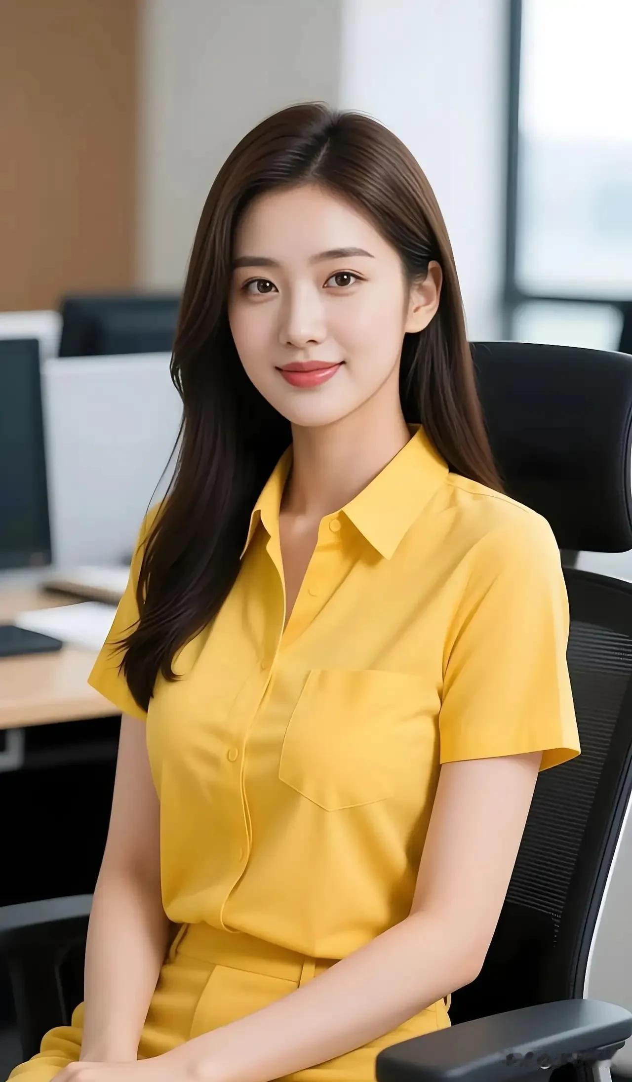 明亮黄调，干练从容，在职场里自带暖意光芒✨
亮色系美女 黄衣短发女孩
