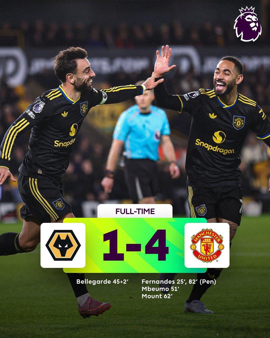 曼联客场大胜狼队，积分榜来到第六！距离第四仅差1分！最近9场5胜3平1负，最近5