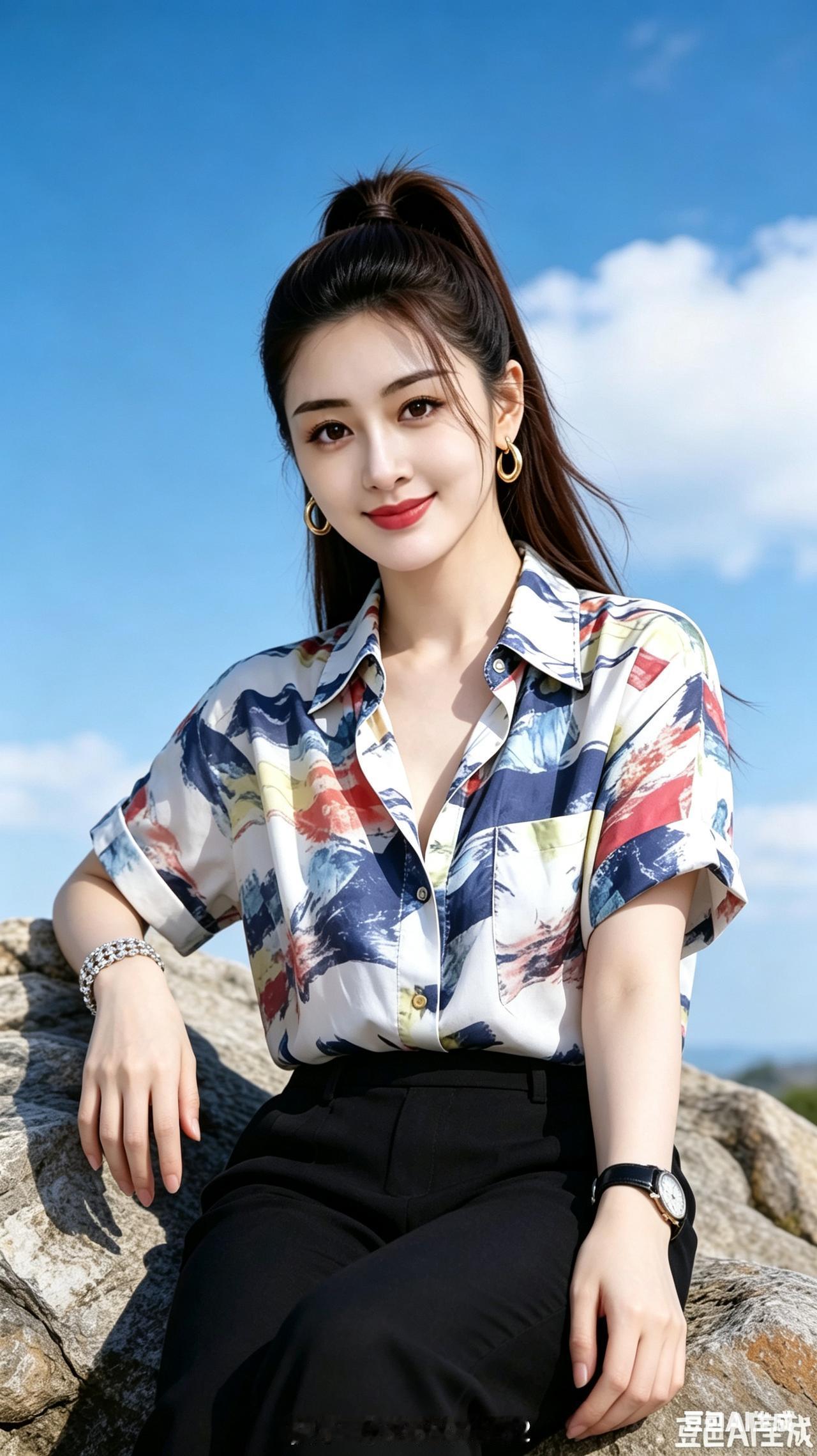 美女身着花衬衣，面带笑容，双手自然下落，一手轻搭腿侧，另一手轻放大腿，手臂松弛舒
