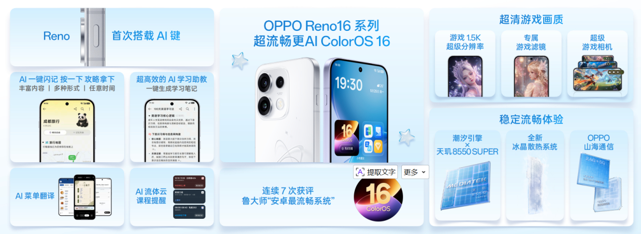 Reno16全系标配2亿四主摄、铝合金中框、IP69K防水、80W闪充，12+2