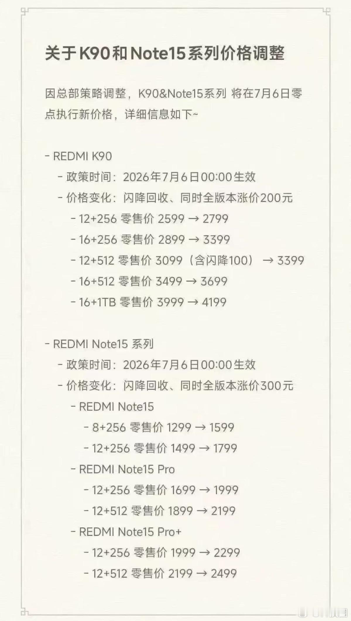 红米K90和Note 15系列在不知道有几轮存储涨价的大环境下，开始涨价了，并且