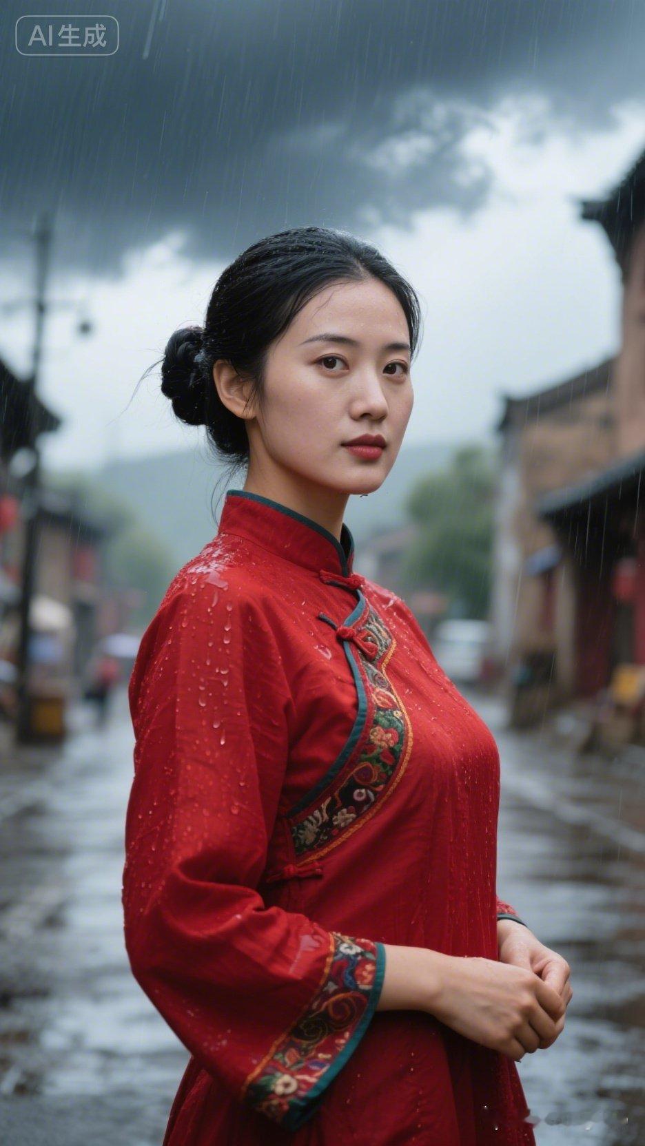 雨中红衣女子，古街韵味十足！