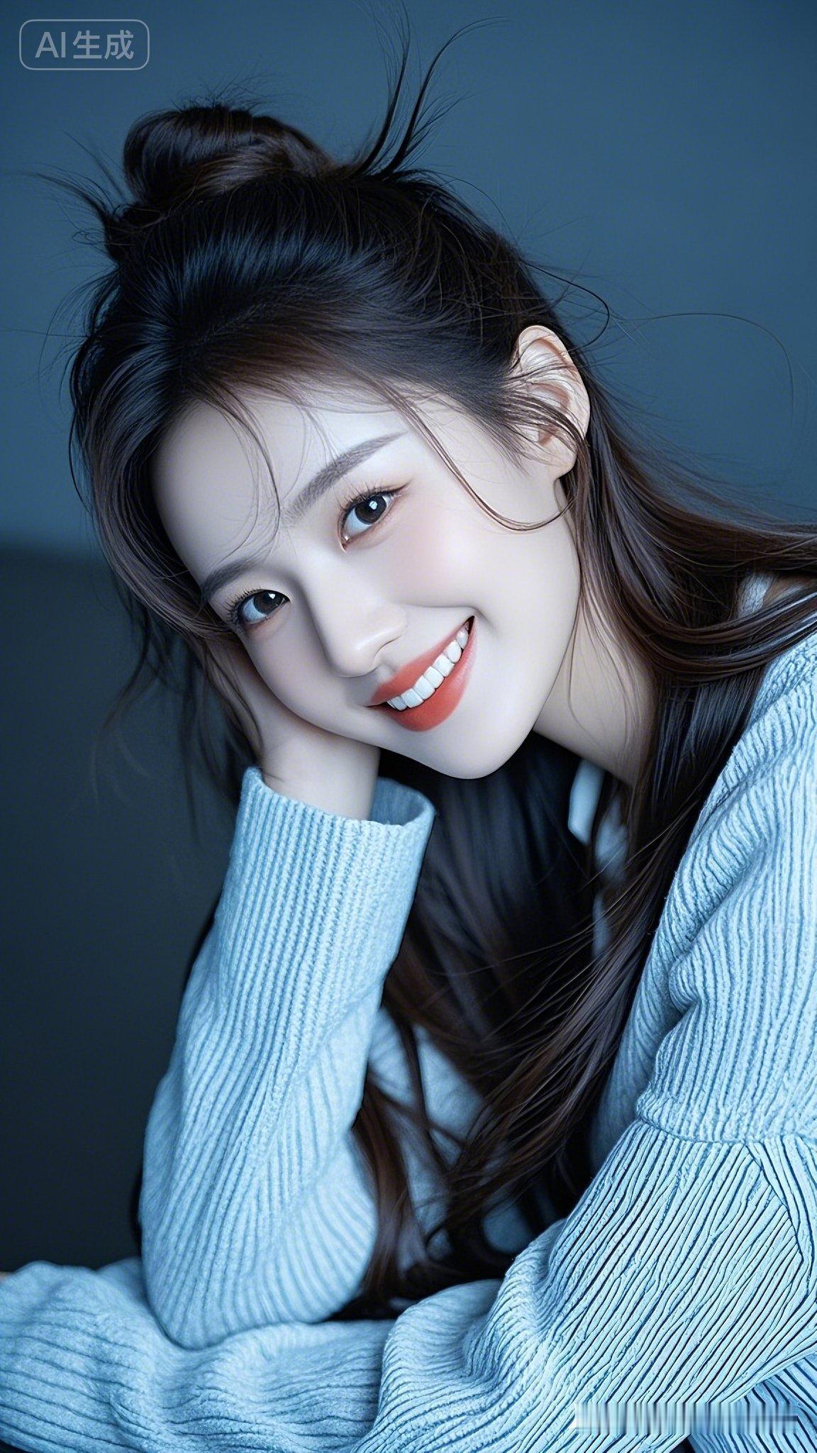 清新仙子般美女，肤白似羊脂玉，星眸温柔红唇娇，一披中长发着秋装浅笑，芬芳可人。