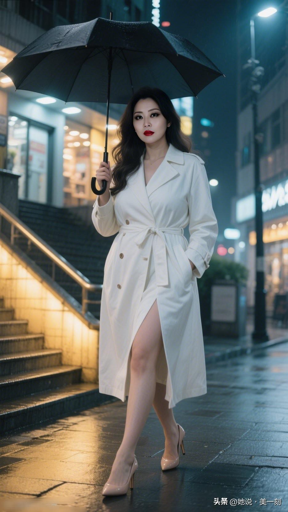 雨中漫步，伞下美人。拥有绝美身材,是种怎样的体验? 雨夜漫步，白色风衣，优雅迷人