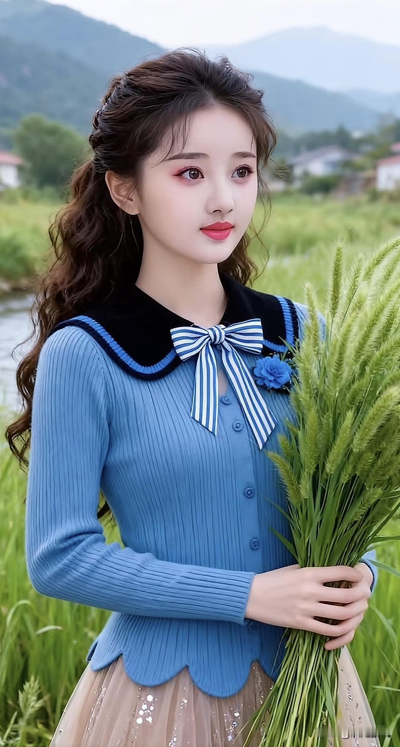 蓝衣少女倚芳草，山野春光入画来。淡雅蓝裙照 绿裳春景照 绿裙美人 绿裳春景照 绿