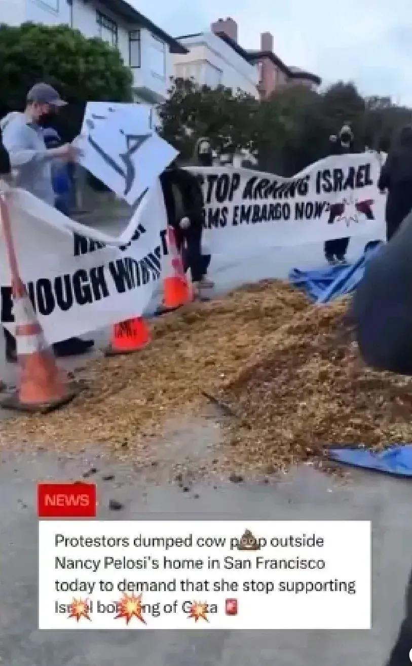 佩洛西的房子被抗议人士扔粪便，共有将近136公斤粪便被运到佩洛西的住处，抗议者谴