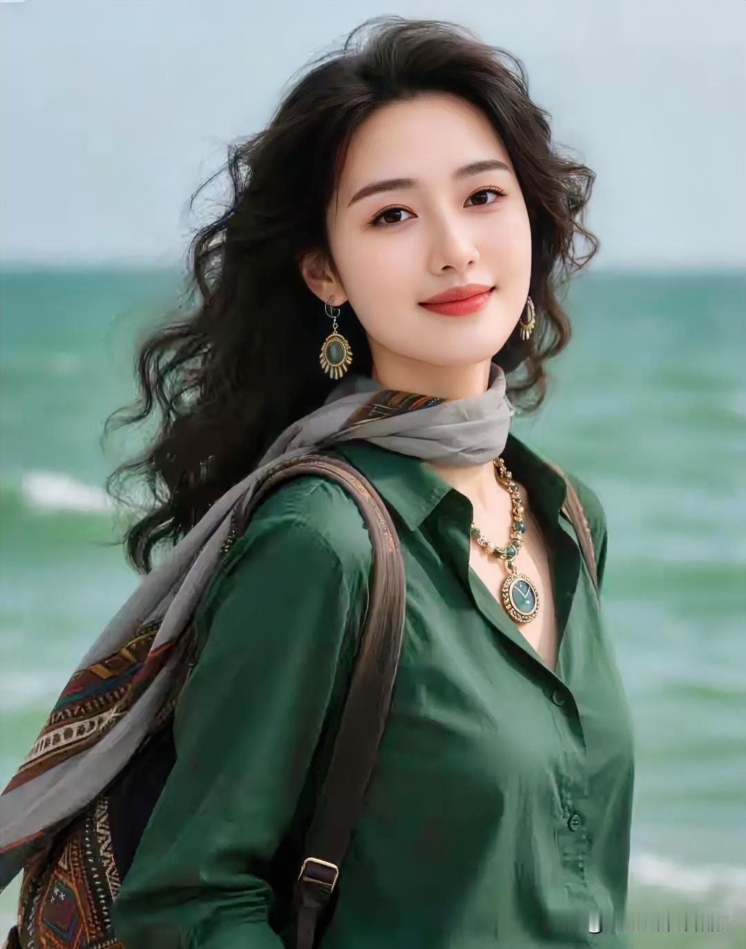 墨绿衬衫裹清雅，复古耳坠映波光。海风拂卷发如云，笑倚潮声，一身文艺气韵与自然共悠
