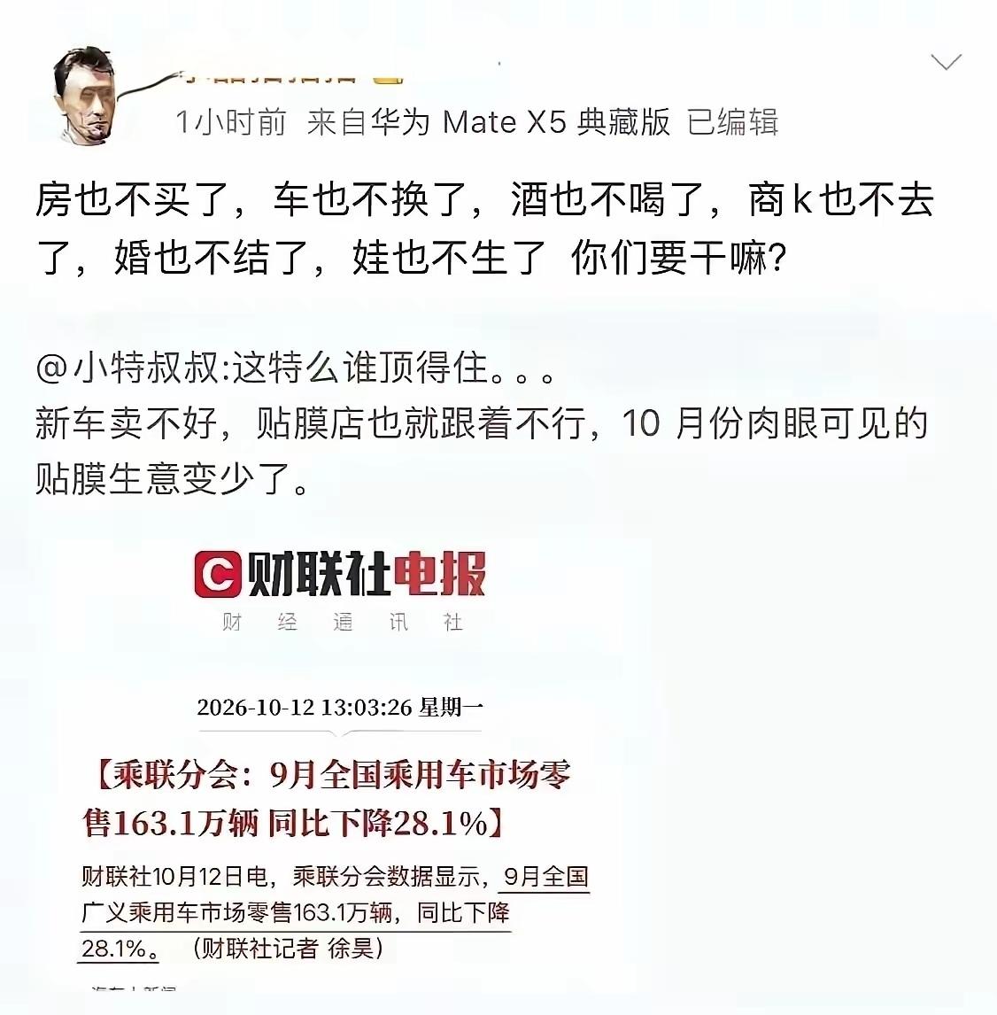 有网友看到汽车销售下降，发帖子吐槽称，房也不买了，车也不换了，酒也不喝了，商K也