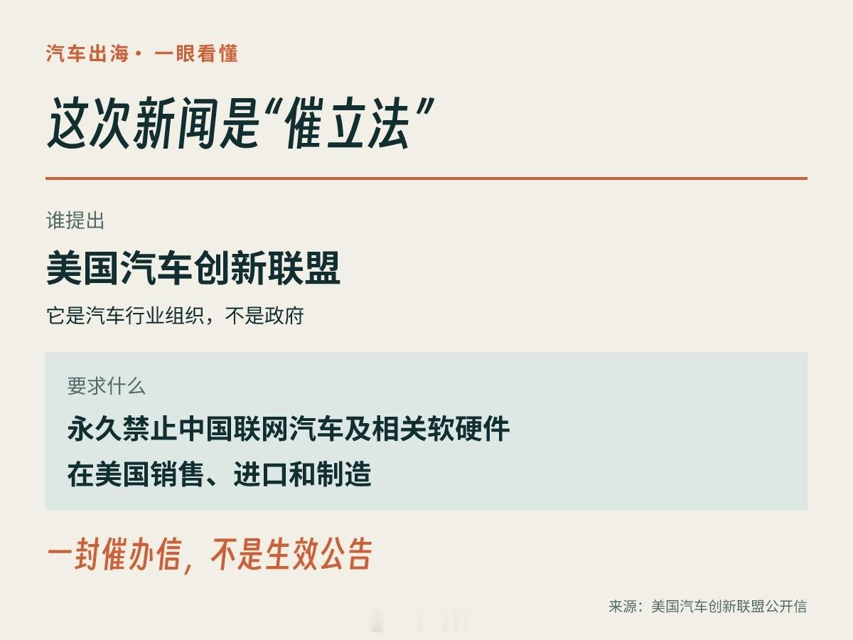 美国汽车行业协会要求立法，永久禁止中国联网汽车入美。协会催立法，不等于新法已生效