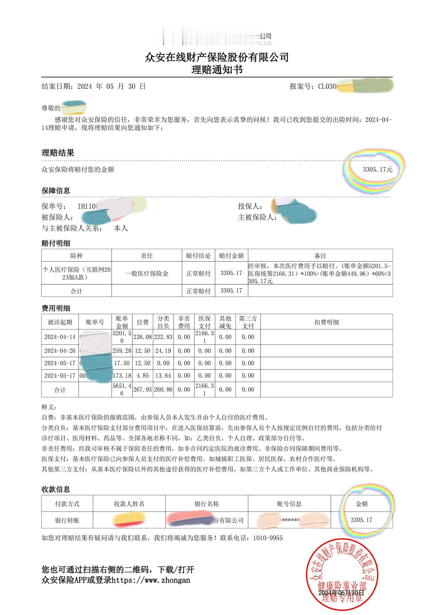 为客户成功申请3305.17元理赔款。 小朋友肺炎在门诊治疗花费449.96元不见好，所以住院治疗花费了5201.5元。疾病门诊保险报销报销了269.976元，（449.96元*60%=269.976元）。疾病住院保险报销了3035.19元，（5201.5元 - 2166.31元 = 3035.19元）。合计为客户报销了：3305.17元。中端医疗险就是香。