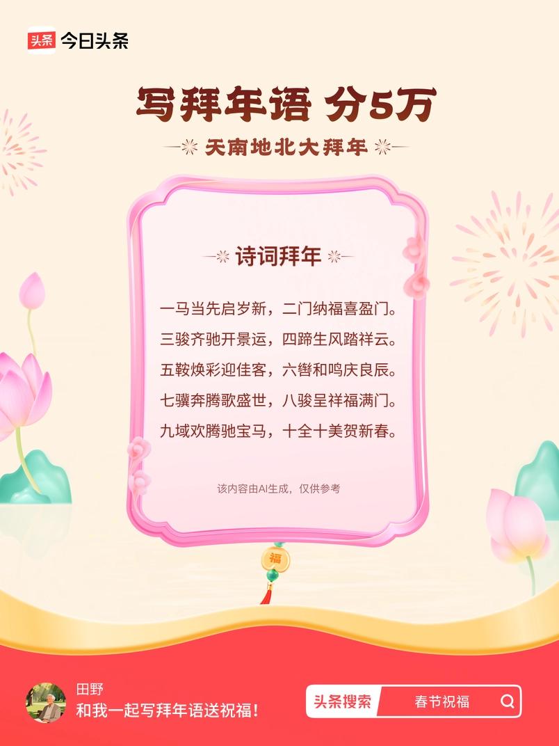 写拜年语送祝福新春拜年送祝福！我的祝福是：“一马当先启岁新，二门纳福喜盈门。三骏