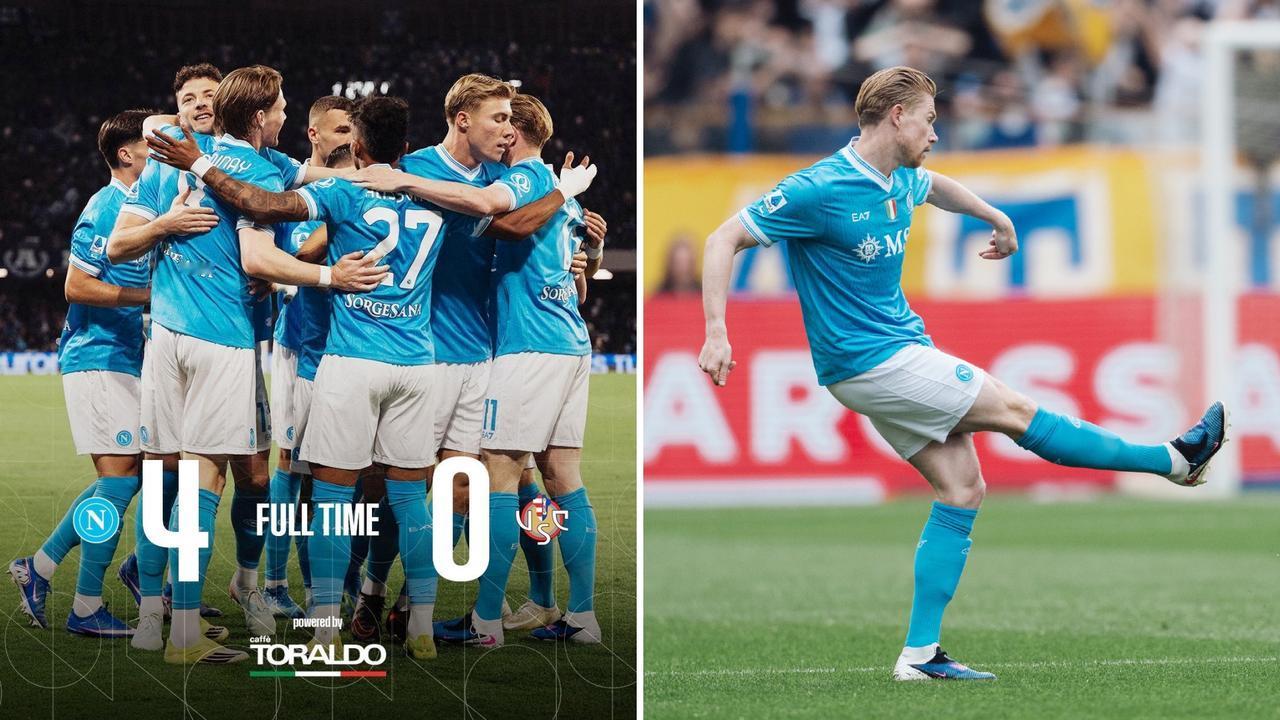 意甲：那不勒斯主场4-0大胜克雷莫内塞，先赛暂第二。
德布劳内1传1射，麦克托米