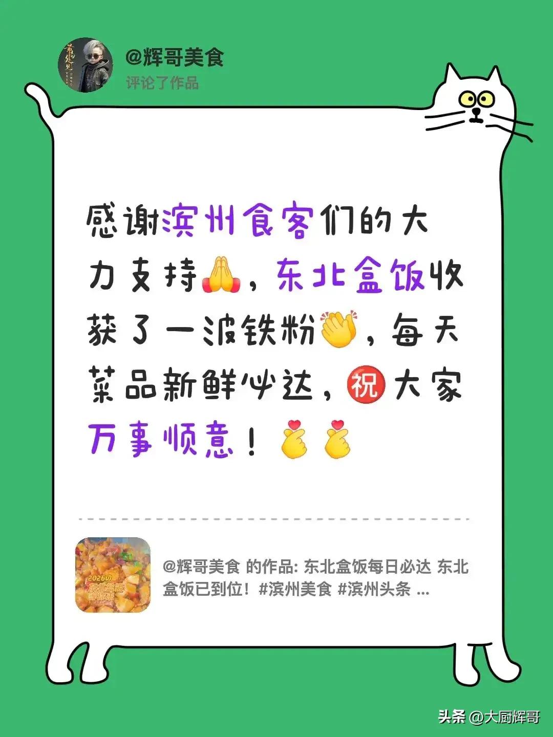 我评论了@辉哥美食的作品：感谢滨州食客们的大力支持，东北盒饭摆摊两个月以来收获了