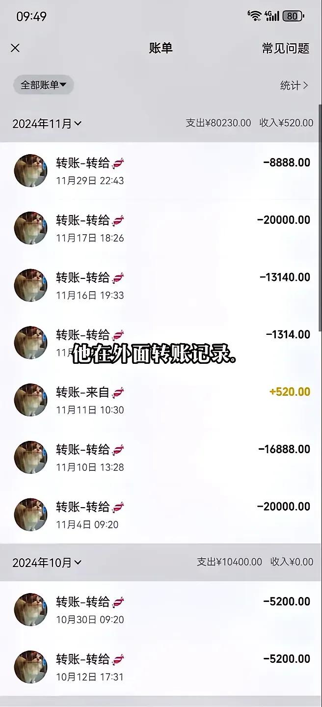 厉害！一个月转8万！这妥妥的有钱人啊，好想看看小三长啥样！！！