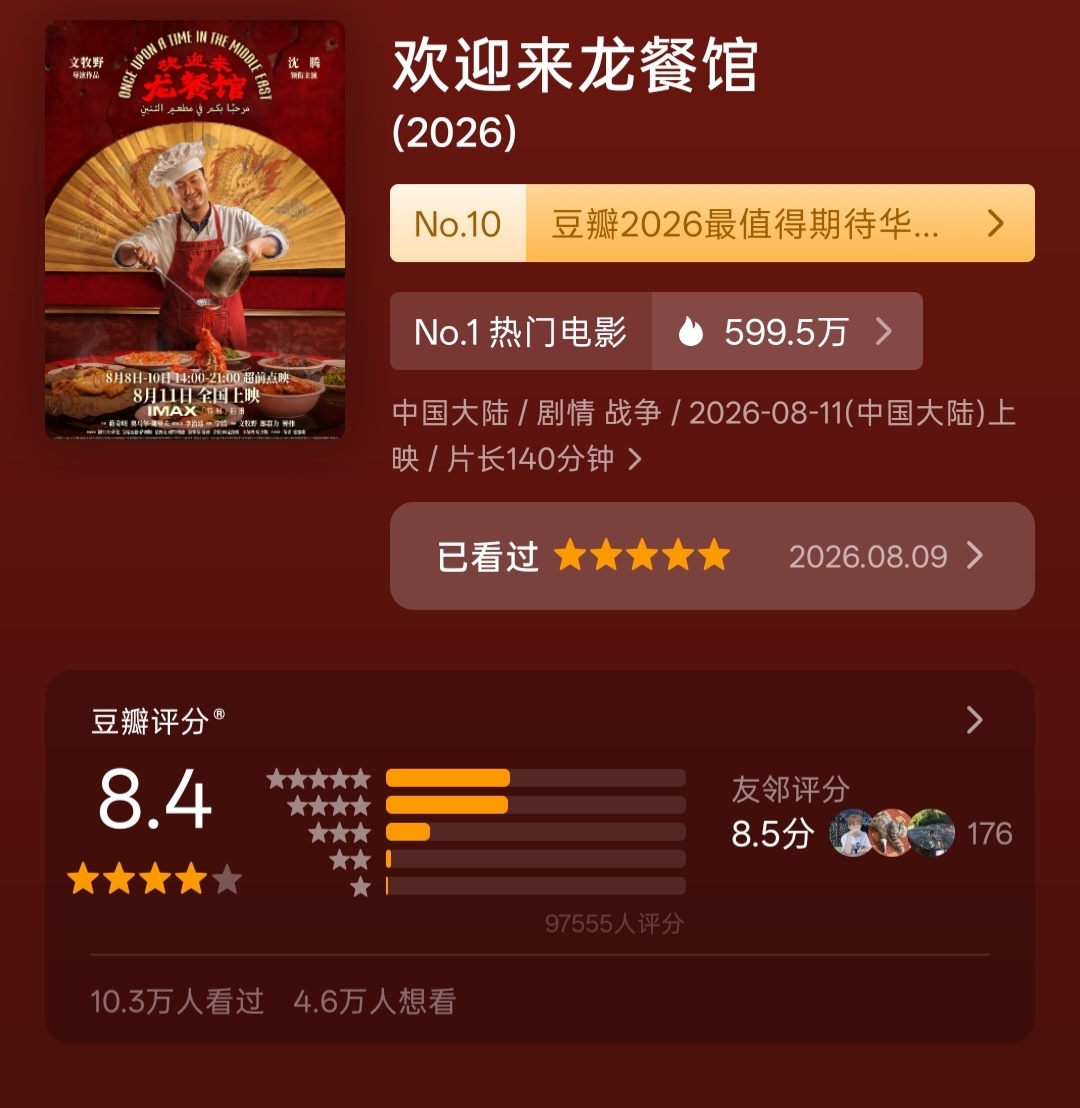 稳了！！《欢迎来龙餐馆》豆瓣开分8.4、友邻评分8.5，暑期档最高分。这种水平的