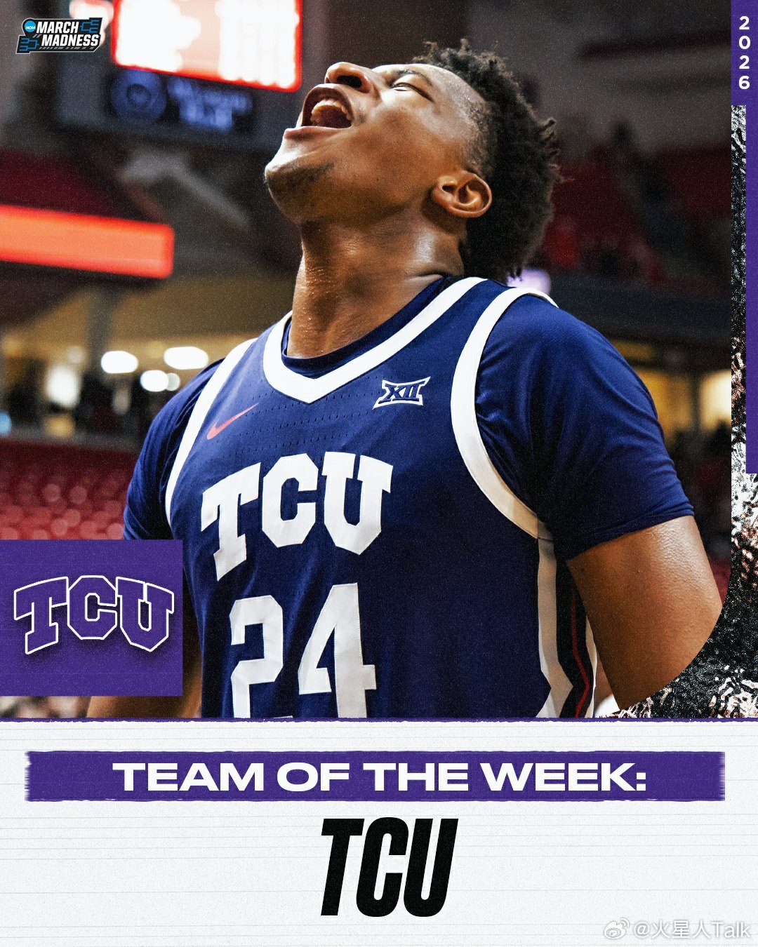 NCAA官网第18周NCAA男篮最佳球队：德州基督教大学，最佳球员：Cam Bo