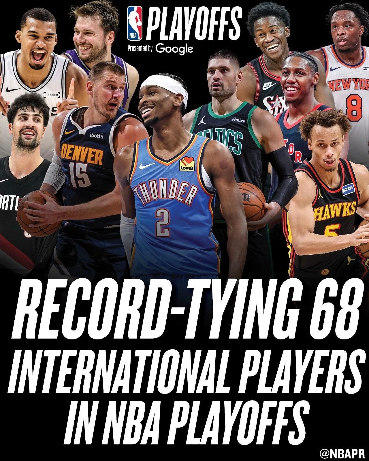 2025-26赛季的NBA季后赛一共有来自30个国家的68名国际球员参与，追平历