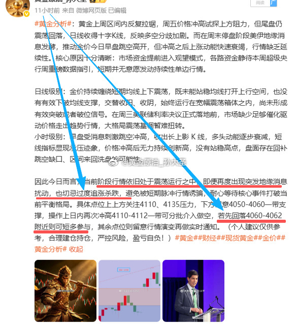 黄金盘中4068多单成功，行情如期抵达4090附近，多单收割下220余点利润走人