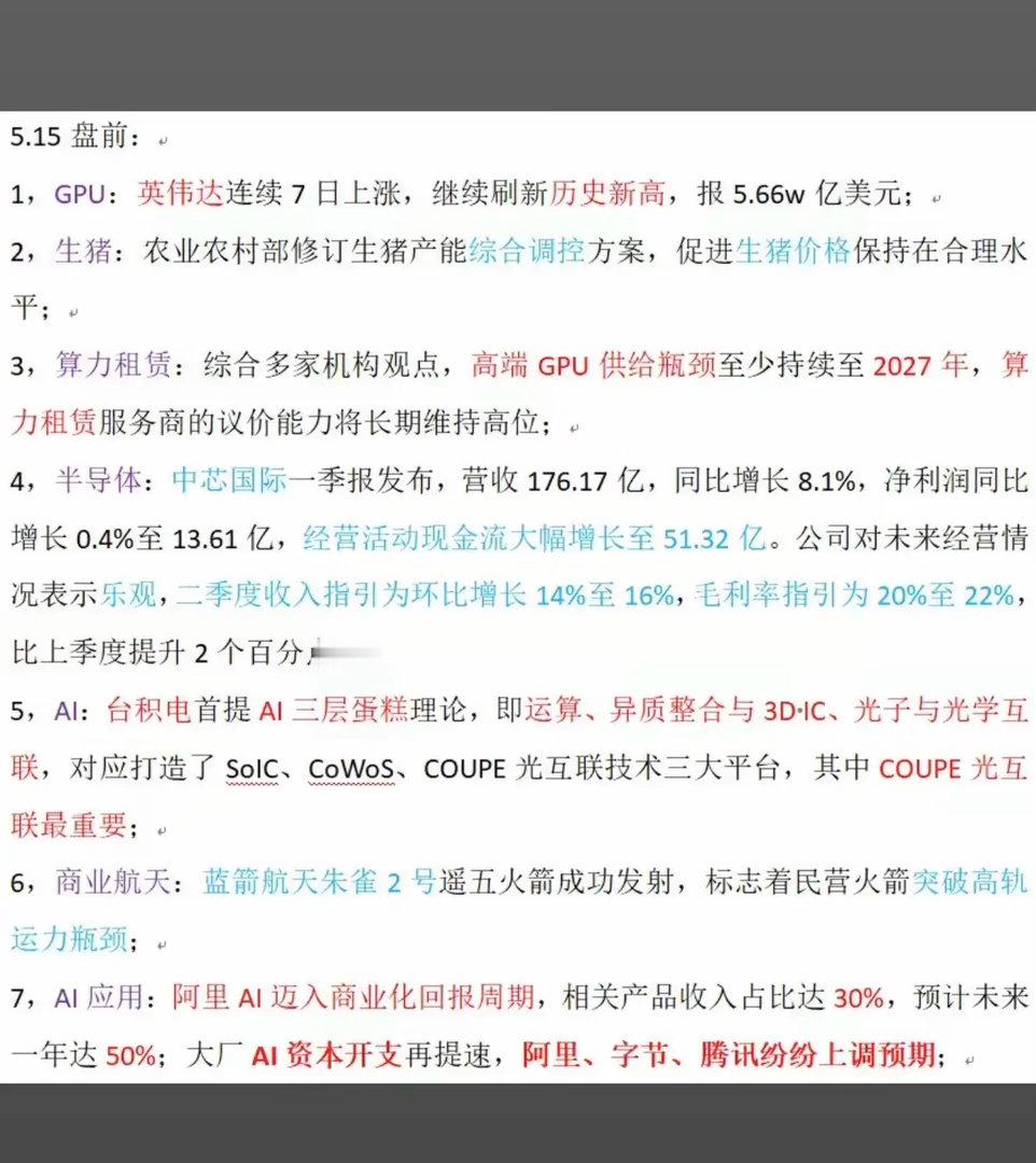 5.15周五  热点财经信息 汇总！1.GPU，英伟达连涨7天，股价创新高2.生