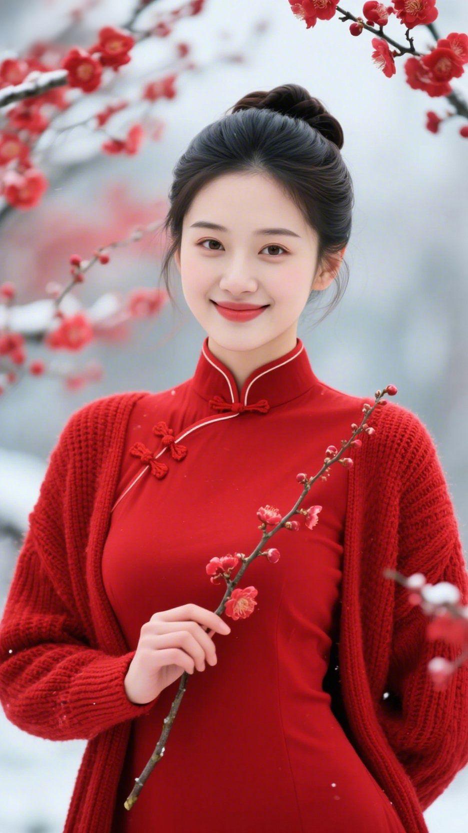 红梅映雪暖人间
 
落雪无声，红梅吐蕊，一袭红妆，便温柔了整个凛冬。
 
素白天