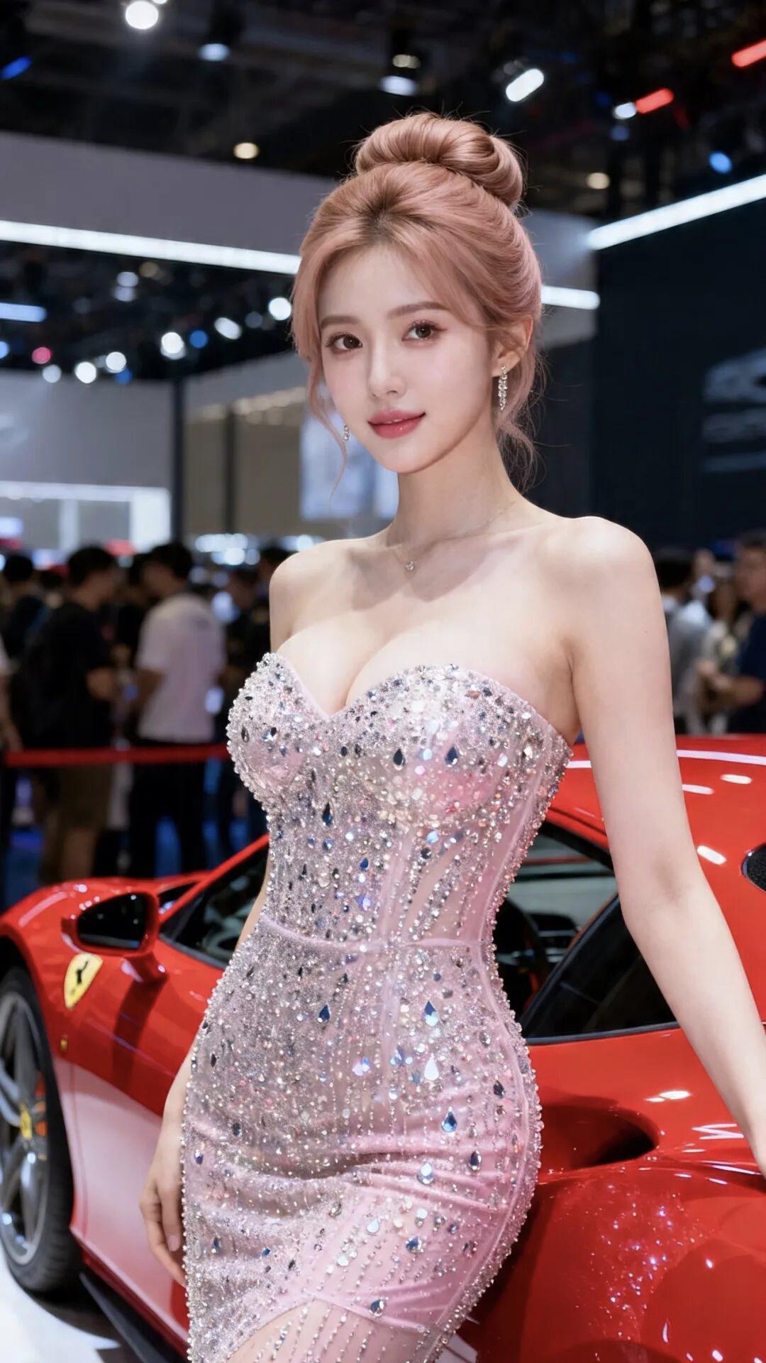 看到美女穿着闪亮礼服站在豪车旁，这画面就像电影里的经典场景。那礼服在阳光下闪烁着