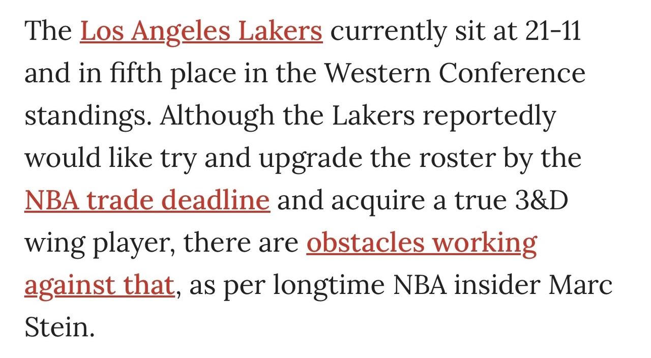Marc Stein：据联盟消息人士称，湖人￼将继续在交易市场上寻觅，希望能在2