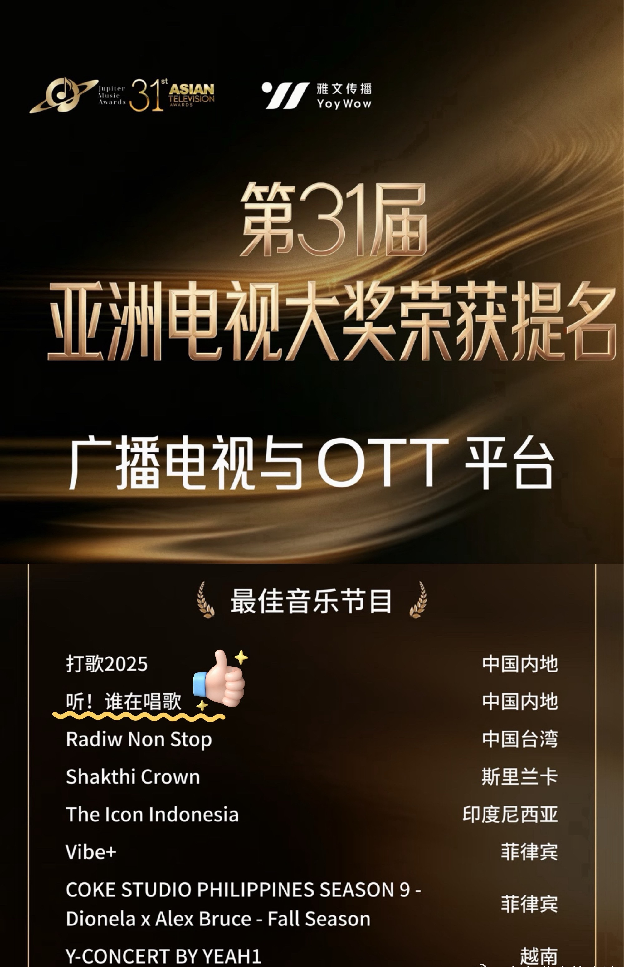 于适作为总策划、节目发起人的音乐综艺《听，谁在唱歌》荣获最佳音乐节目提名 ​​​