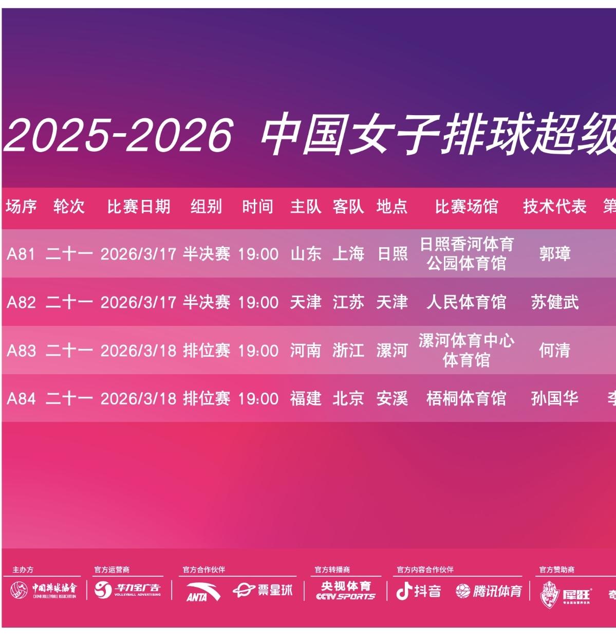 2025-2026年女排排超联赛第二十一轮赛程来了，半决赛比赛时间：3月17号1