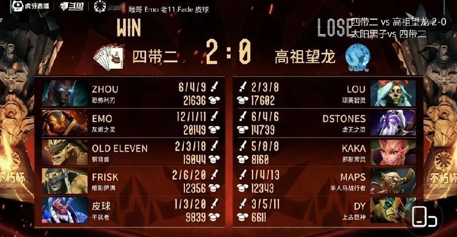 DOTA2: 老头杯线下赛败者组决赛，四带二拿下

四带二 2:0 高祖望龙
