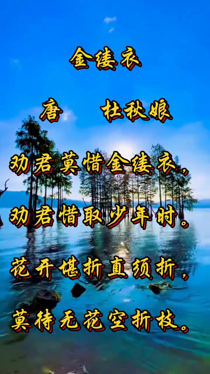 金缕衣。
唐，杜秋娘。
劝君莫惜金缕衣，劝君惜取少年时。
花开堪折直须折，莫待无