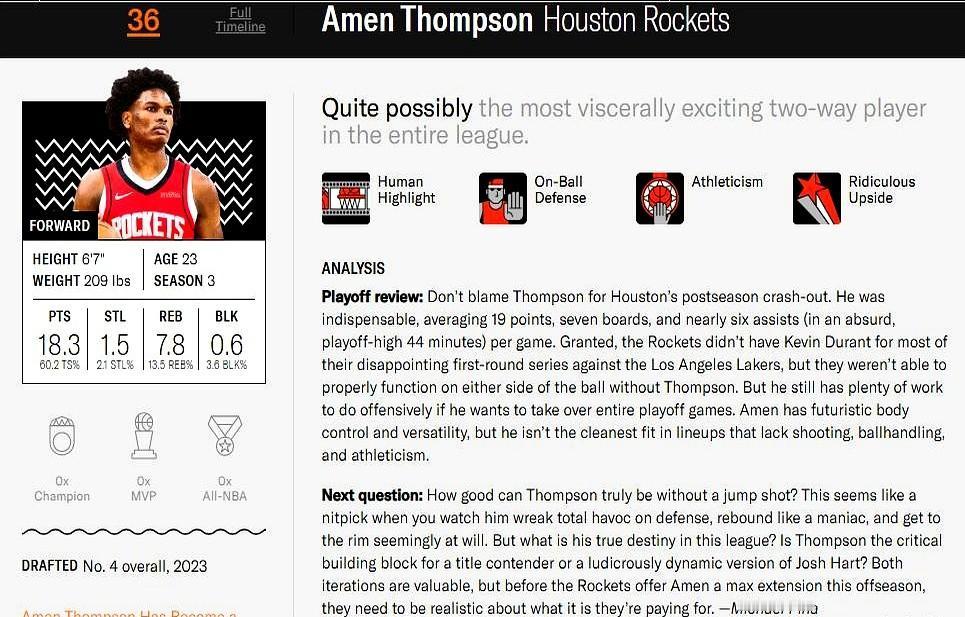 Ringer：NBA最新百大现役球员排名：阿门汤普森排名36！
季后赛里，他一个