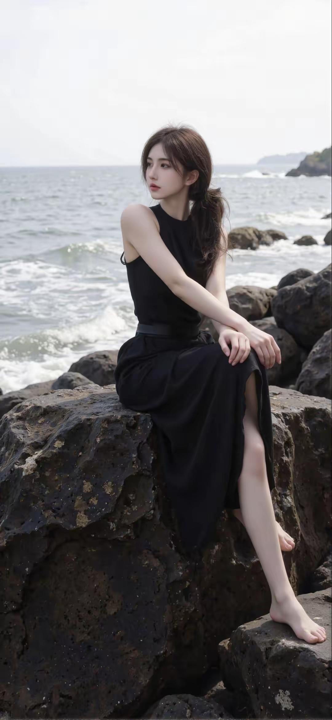 海边黑裙少女，静坐岩石，海风轻拂，岁月静好。什么样的穿搭可以成为气质女神?