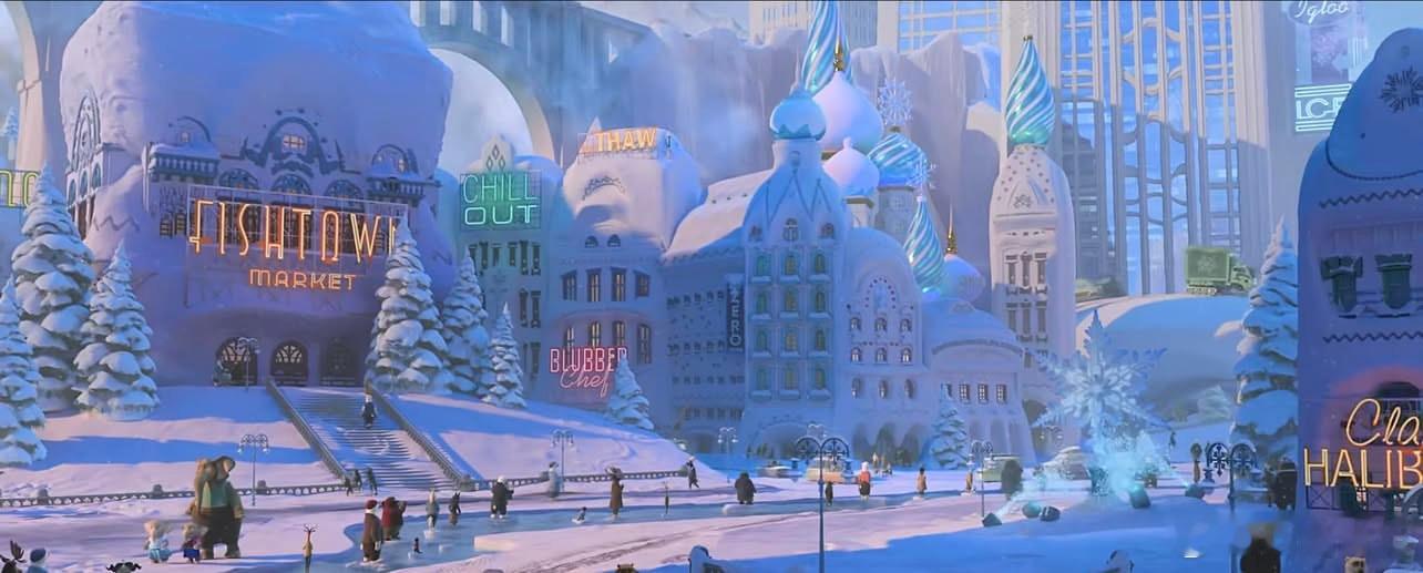 《疯狂动物城》的画面有多细节？第一部朱迪来到冰川镇的时候，有两只小象穿着艾莎和安