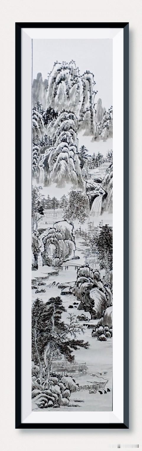 完成四尺对开国画《山水人家》的墨稿绘制。还有必要上色吗？给个建议呗！