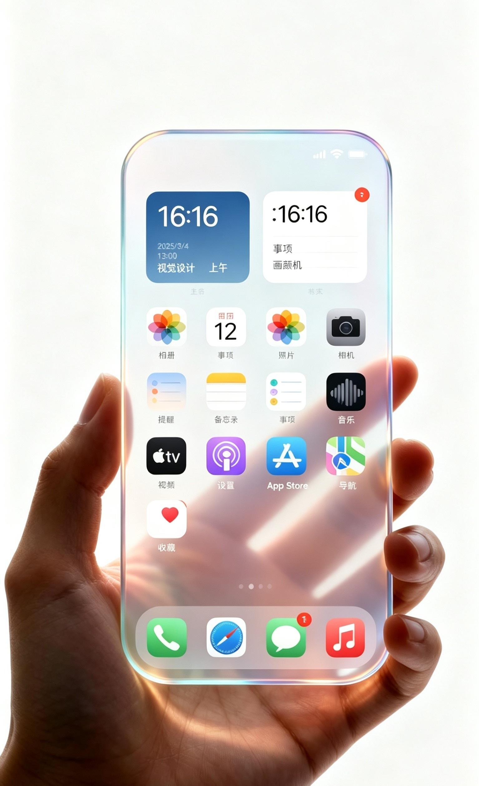 iPhone透明手机，机身近乎透明，能够透过机身看见握持的手掌，实现完整正面一体