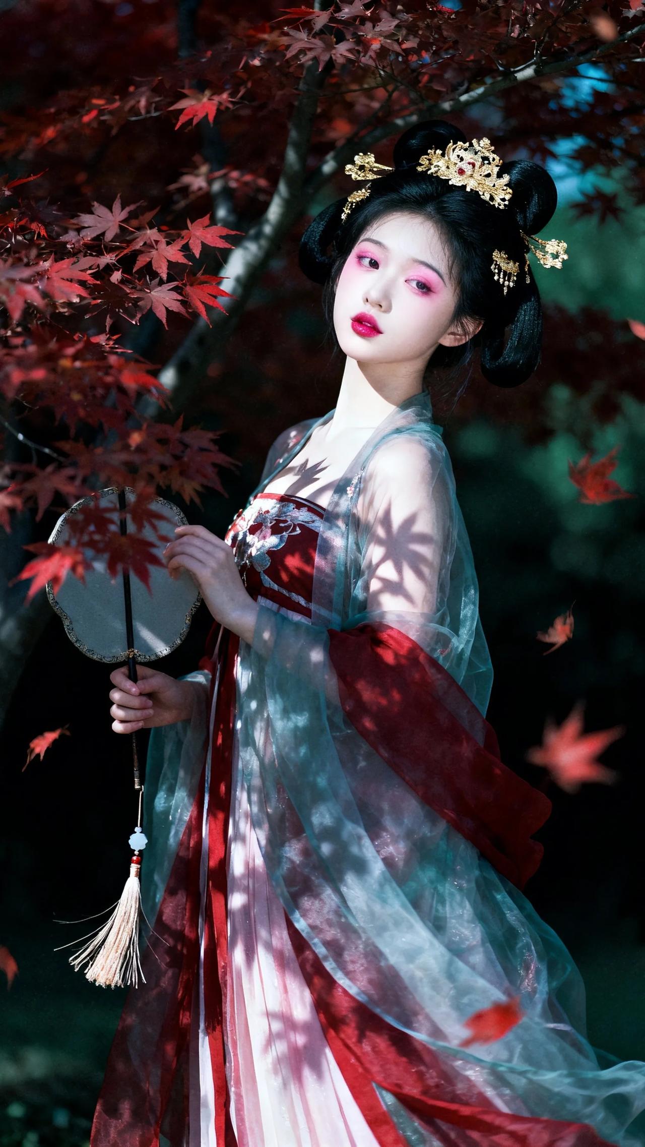 为什么穿汉服的大多是女生?女生穿汉服太漂亮啦，枫叶下的汉服女生